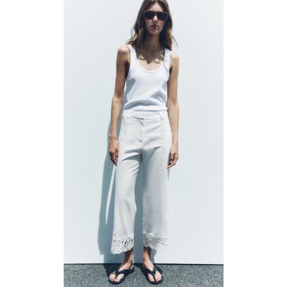 ZARA Ecru Linen Blend Crochet Trousers Size Small Bloggers Fave Holiday 4786/262
